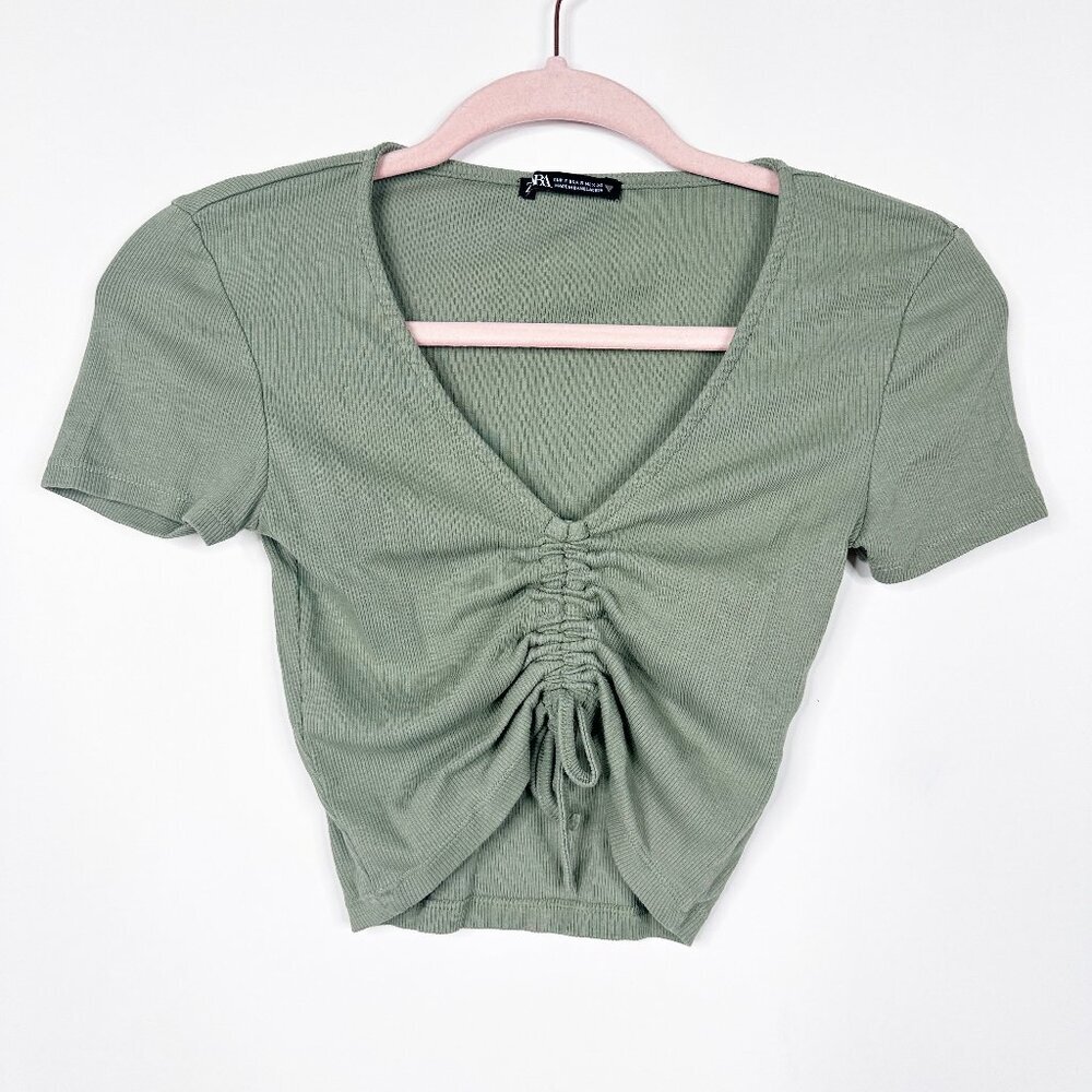 2/$30 ZARA Drawstring Detail Ruched Crop Top Olive Small #A1261 - Picture 5 of 11